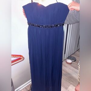 Navy Blue Floor Length Dress with Beaded Waist, Size 14